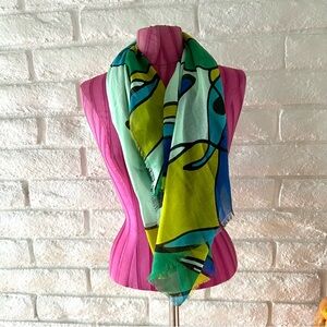 Jones New York Green and Blue Retro Abstract Scarf
